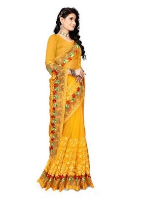 Yellow Embroidered Net Saree With Blouse 3
