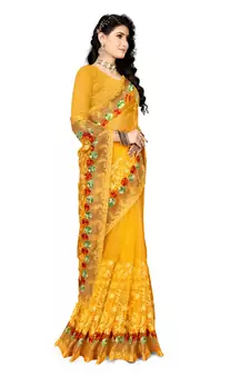 Yellow Embroidered Net Saree With Blouse