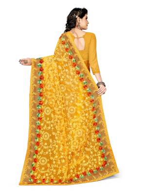 Yellow Embroidered Net Saree With Blouse 4