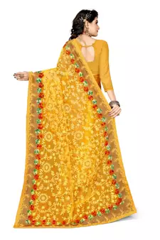 Yellow Embroidered Net Saree With Blouse