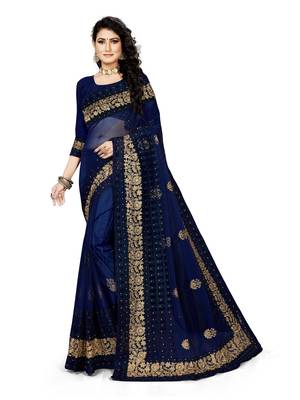 Navy blue embroidered net saree with blouse 1