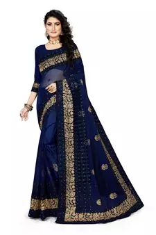 Navy blue embroidered net saree with blouse