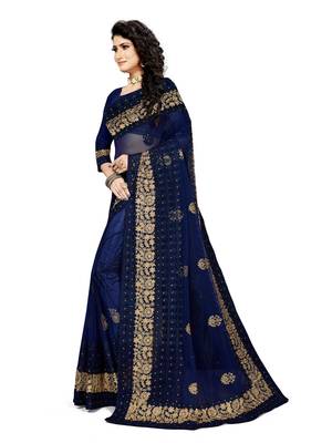 Navy blue embroidered net saree with blouse 2