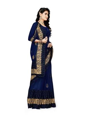 Navy blue embroidered net saree with blouse 3