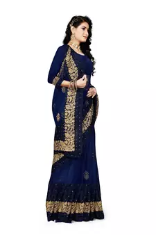 Navy blue embroidered net saree with blouse