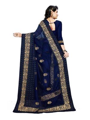 Navy blue embroidered net saree with blouse 4