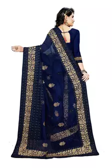 Navy blue embroidered net saree with blouse