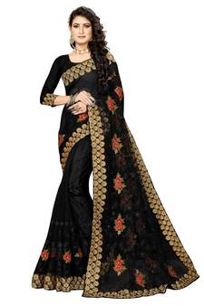 Black Embroidered Net Saree With Blouse
