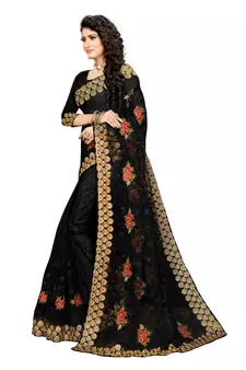 Black Embroidered Net Saree With Blouse