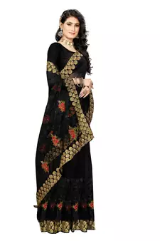 Black Embroidered Net Saree With Blouse