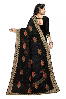 Black Embroidered Net Saree With Blouse