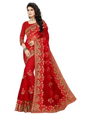Red Embroidered Net Saree With Blouse 1