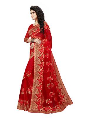 Red Embroidered Net Saree With Blouse 2