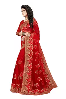Red Embroidered Net Saree With Blouse