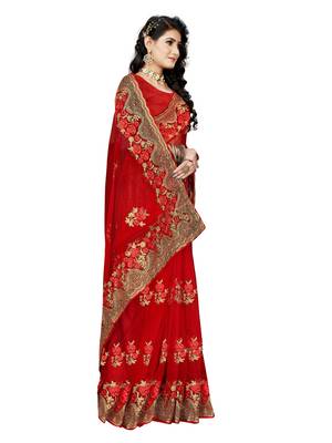Red Embroidered Net Saree With Blouse 3