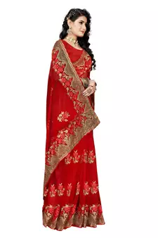 Red Embroidered Net Saree With Blouse