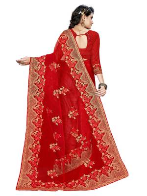 Red Embroidered Net Saree With Blouse 4