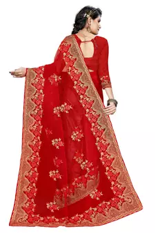 Red Embroidered Net Saree With Blouse