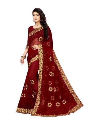 Maroon Embroidered Net Saree With Blouse 1