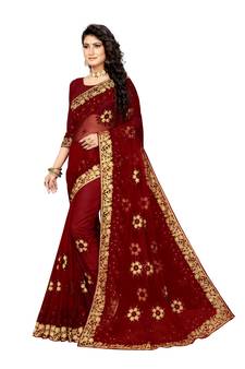 Maroon Embroidered Net Saree With Blouse