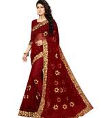 Maroon Embroidered Net Saree With Blouse