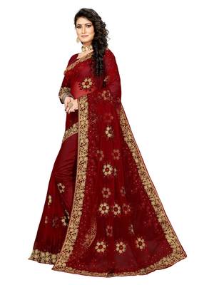 Maroon Embroidered Net Saree With Blouse 2