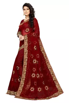 Maroon Embroidered Net Saree With Blouse