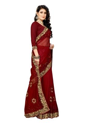 Maroon Embroidered Net Saree With Blouse 3