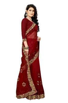 Maroon Embroidered Net Saree With Blouse