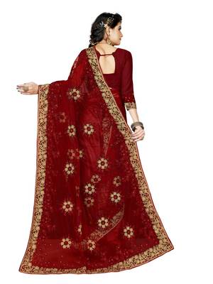 Maroon Embroidered Net Saree With Blouse 4