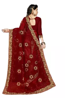 Maroon Embroidered Net Saree With Blouse