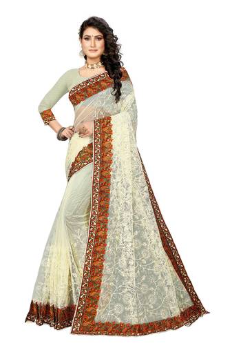 White Embroidered Net Saree With Blouse