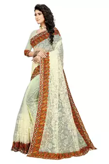 White Embroidered Net Saree With Blouse