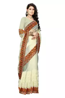 White Embroidered Net Saree With Blouse