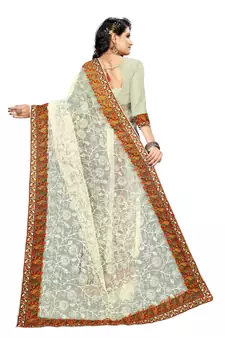 White Embroidered Net Saree With Blouse