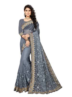 Grey Embroidered Net Saree With Blouse 1
