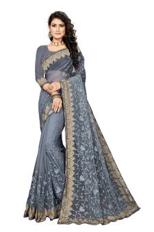 Grey Embroidered Net Saree With Blouse