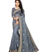 Grey Embroidered Net Saree With Blouse