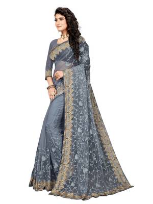 Grey Embroidered Net Saree With Blouse 2