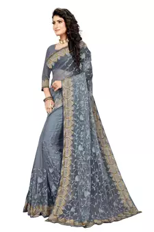 Grey Embroidered Net Saree With Blouse