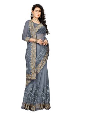 Grey Embroidered Net Saree With Blouse 3