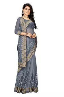 Grey Embroidered Net Saree With Blouse