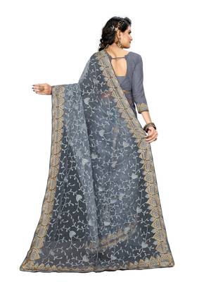 Grey Embroidered Net Saree With Blouse 4