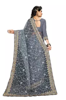 Grey Embroidered Net Saree With Blouse