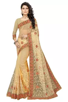 Chiku Embroidered Net Saree With Blouse