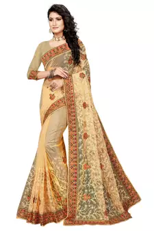 Chiku Embroidered Net Saree With Blouse