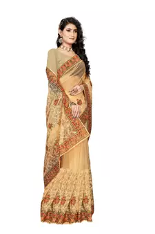 Chiku Embroidered Net Saree With Blouse