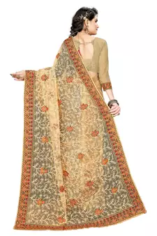 Chiku Embroidered Net Saree With Blouse