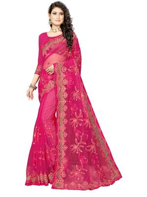 Pink embroidered net saree with blouse 1