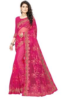 Pink embroidered net saree with blouse